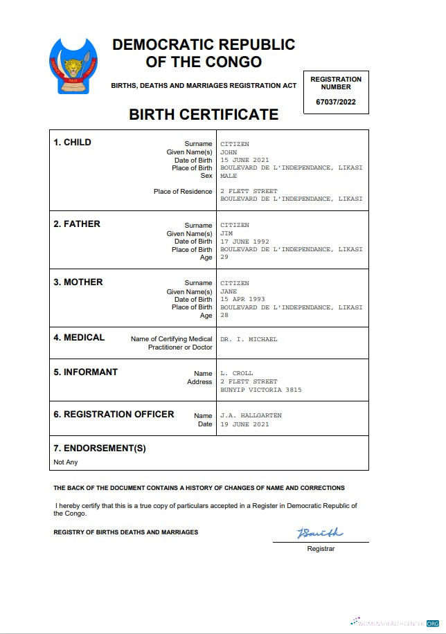 Download Democratic Republic of the Congo birth certificate Word and PDF template Photoshop template